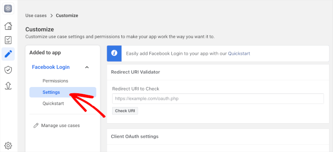 Paramètres de connexion Facebook dans Meta pour les développeurs