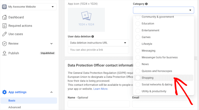 Choix d'une catégorie de connexion sociale pour Facebook