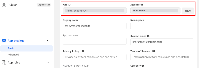 L'ID d'application et le secret d'application Facebook