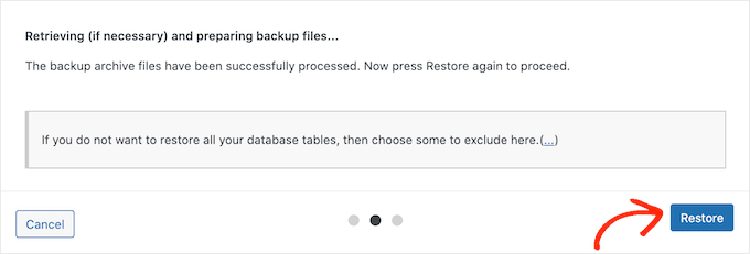 Confirming to restore a backup with UpdraftPlus