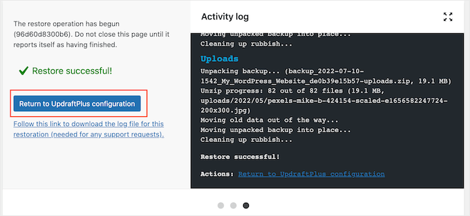 Returning to the UpdraftPlus plugin page after successful restoration