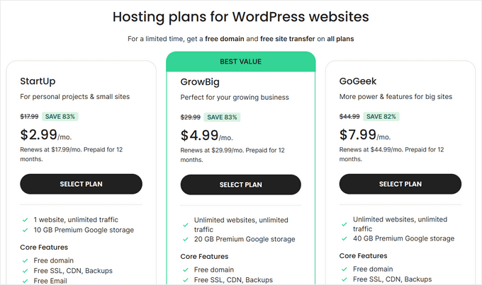 SiteGround pricing plans