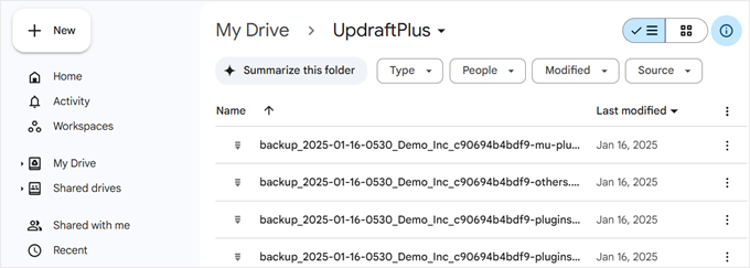 What the UpdraftPlus folder look like in Google Drive