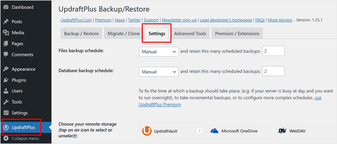 The Settings dashboard in UpdraftPlus