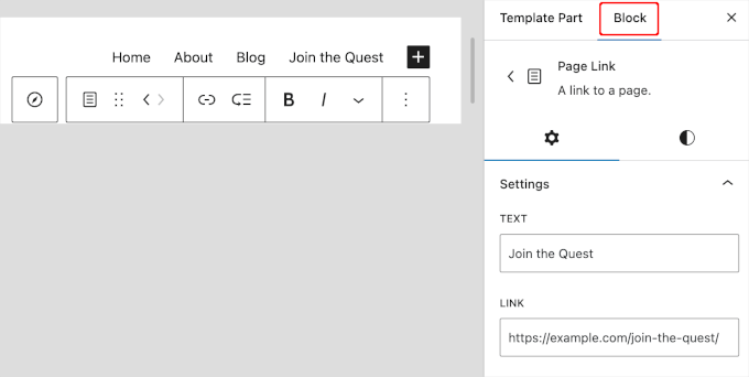 Switching to the block tab Switching to the block tab
