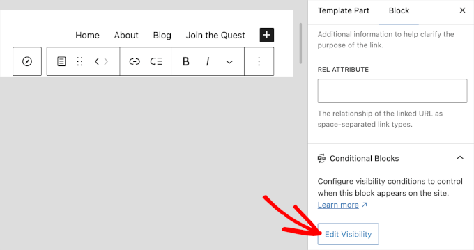 The Edit Visibility button in the block editor The Edit Visibility button in the block editor