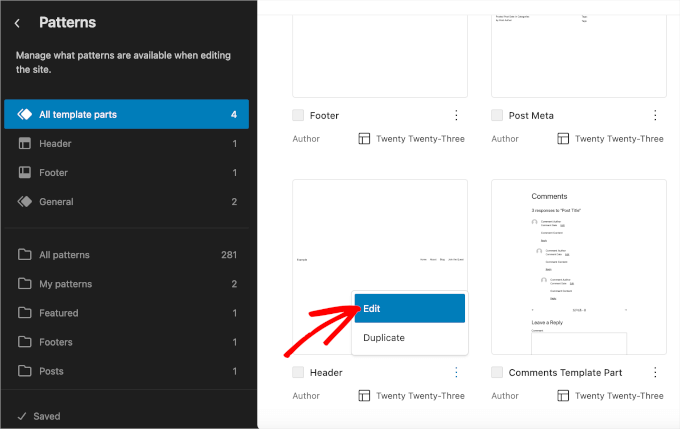 Edit header button in FSE Edit header button in FSE