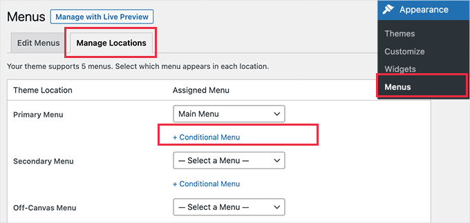 Manage menu locations Manage menu locations