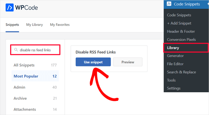 Select the 'Disable RSS Feed Links' snippet from the WPCode library Select the 'Disable RSS Feed Links' snippet from the WPCode library