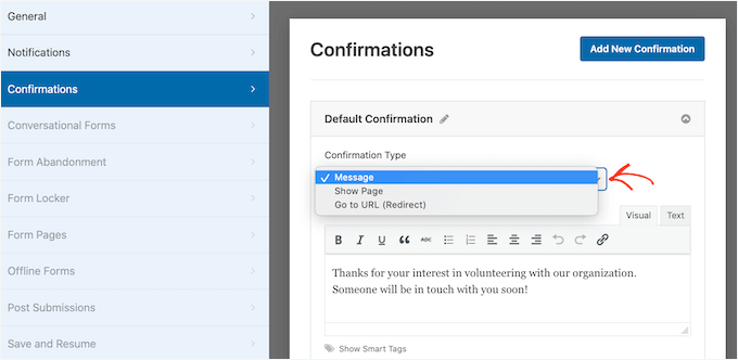 The volunteer form confirmation message The volunteer form confirmation message