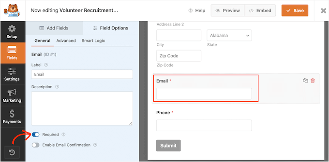 Marking a field as required Marking a field as required