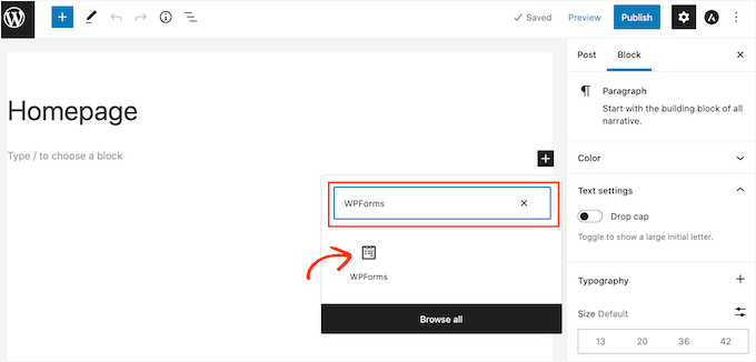 The WPForms WordPress block The WPForms WordPress block