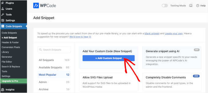 Add Custom Snippet button in WPCode Add Custom Snippet button in WPCode