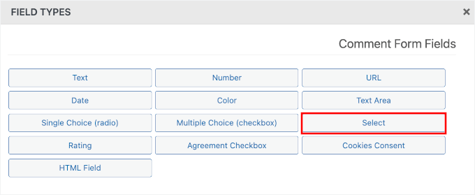 wpdiscuz-defaultform-addfield-fieldtypes-select Choosing the Select field type