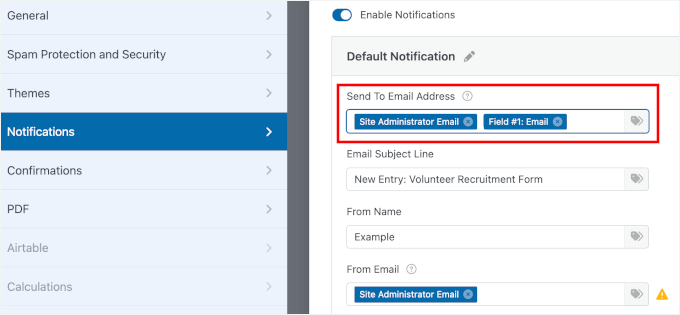 Setting up notifications for a volunteer application form