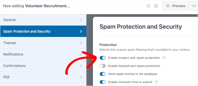 WPForms' anti-spam form settings