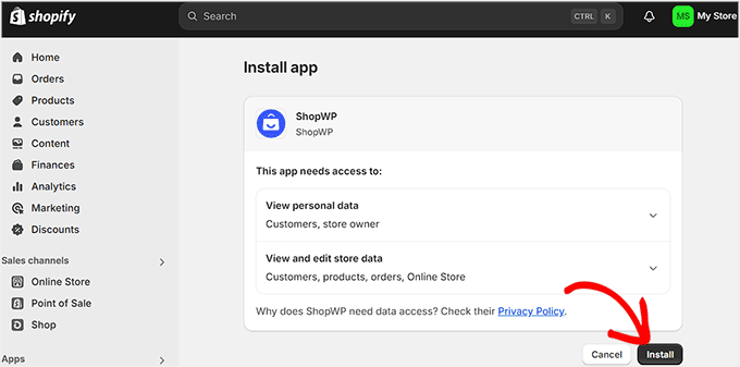 Click the Install button to allow ShopWP to access Shopify data Click the Install button to allow ShopWP to access Shopify data