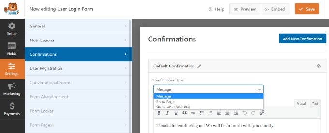 Edit confirmation settings in WPForms Edit confirmation settings in WPForms