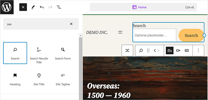 Blocco di ricerca nell'editor del sito Blocco di ricerca nell'editor del sito