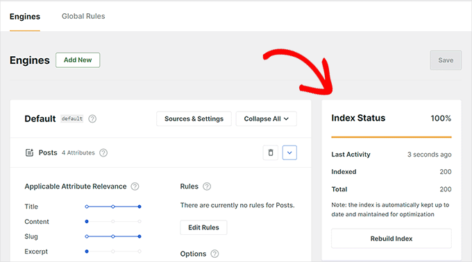 Stato dell'indice di ricerca in SearchWP Stato dell'indice di ricerca in SearchWP