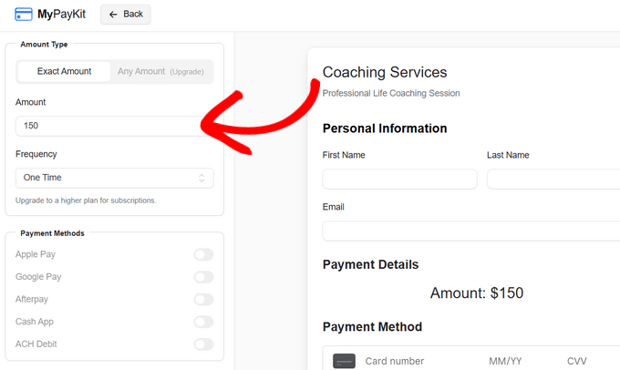 Set the amount for your Square payment form