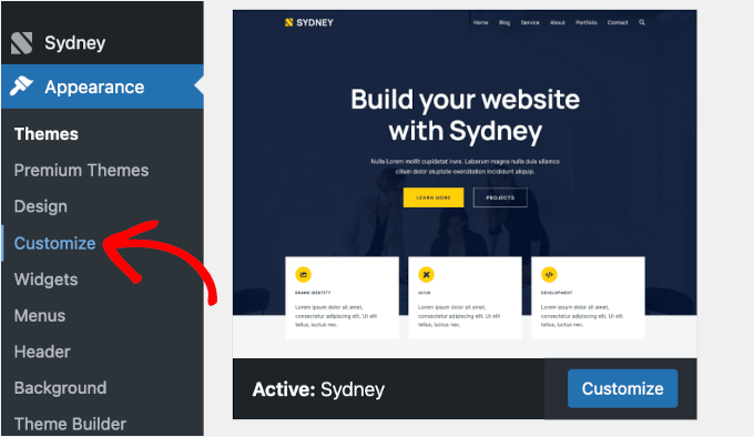 Accessing the WordPress theme customizer Accessing the WordPress theme customizer