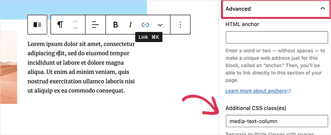 Aggiungere classi CSS personalizzate a un blocco