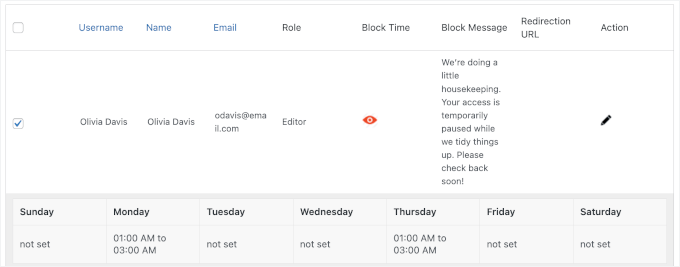 Block by time details in the table Block by time details in the table