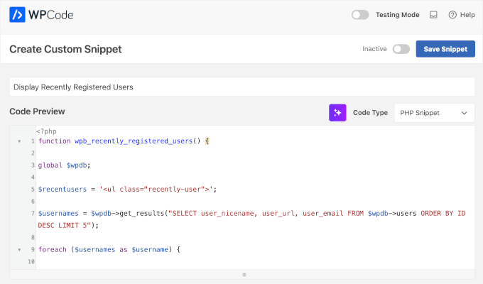 Adding custom code snippet for displaying recently registered users
