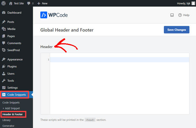 wpcode-header-footer-2 Paste code into the Header section in WPCode