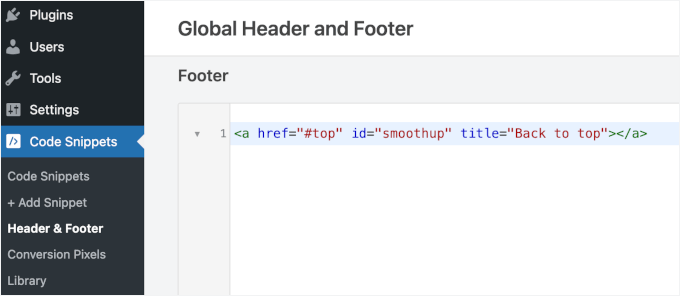 Lägga till scroll-till-topp HTML i WPCode