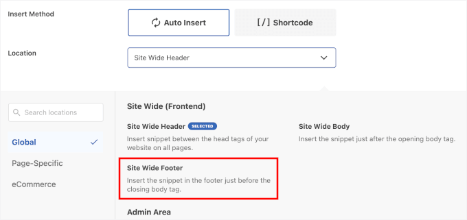 Välja Site Wide Footer i WPCode