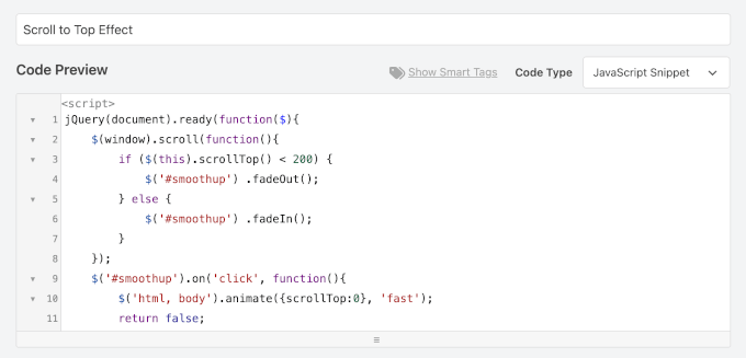 Lägga till smidig scroll-till-topp jQuery i WPCode