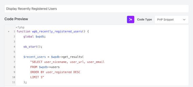 Agregar fragmento de código personalizado para mostrar usuarios registrados recientemente