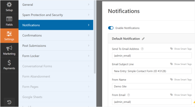Form notification settings Form notification settings