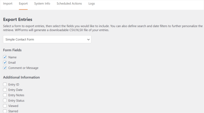 Choose export options in WPForms Choose export options in WPForms
