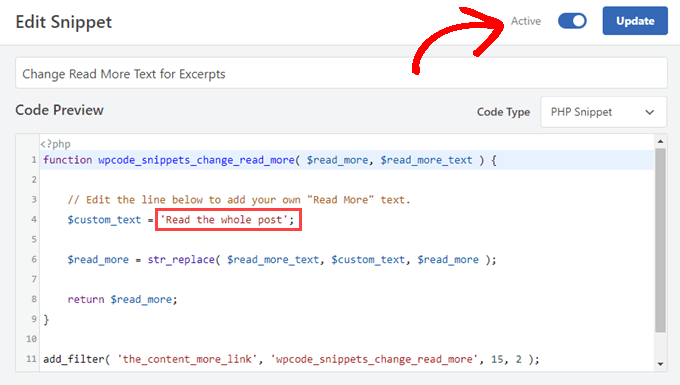WPCode on the edit snippet page to change the read more text for an excerpt WPCode on the edit snippet page to change the read more text for an excerpt