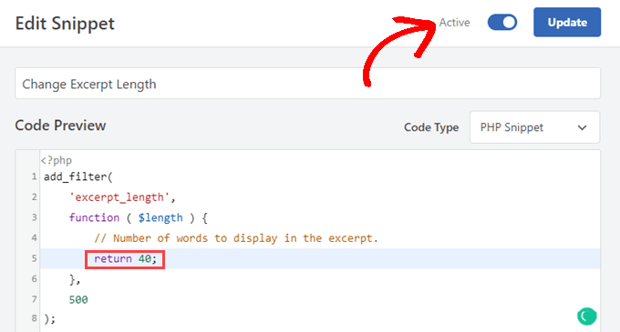 WPCode-eWPCode changing the number of words in an excerpt and activating a snippetxcerpt-to-add-snippet-and-choose-characters WPCode changing the number of words in an excerpt and activating a snippet