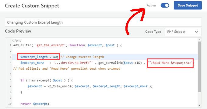 WPCode edit custom excerpt length and activate it WPCode edit custom excerpt length and activate it