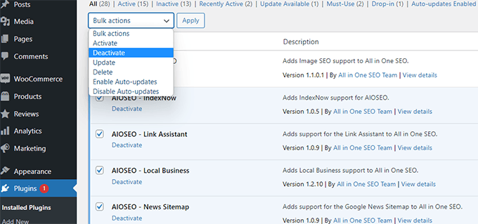 Deactivate all WordPress plugins Deactivate all WordPress plugins