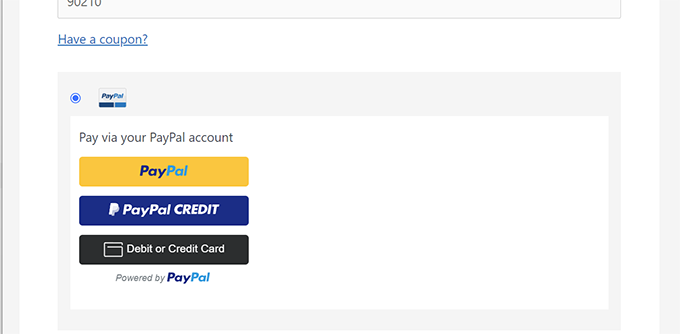 PayPal Commerce preview in MemberPress PayPal Commerce preview in MemberPress