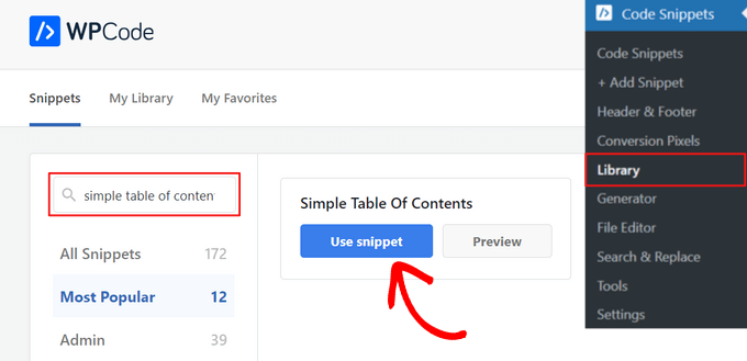 Select the Simple Table of Contents snippet from the WPCode library Select the Simple Table of Contents snippet from the WPCode library