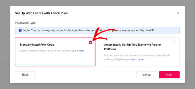 Select the Manually Install Pixel Code Option Select the Manually Install Pixel Code Option