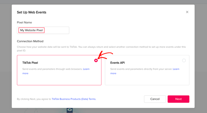 Name the Pixel Then Select the TikTok Pixel Option Name the Pixel Then Select the TikTok Pixel Option