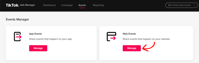 Click the Manage Button Under Web Events Click the Manage Button Under Web Events