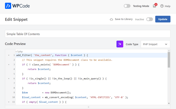 WPCode automatically adds the code for the table of contents WPCode automatically adds the code for the table of contents