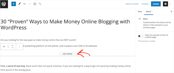 Modificare il testo sull'etichetta Leggi di più