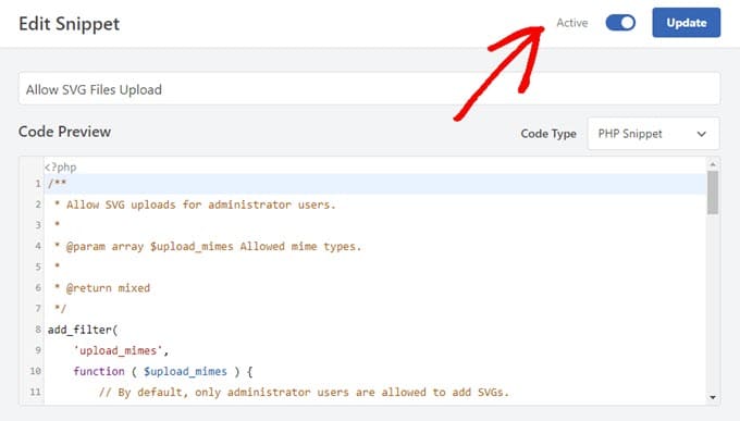 wpcode-svg-code-snippets-activate-and-update Activate the snippet and click update in WPCode