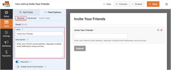 Configurar el campo de correo electrónico