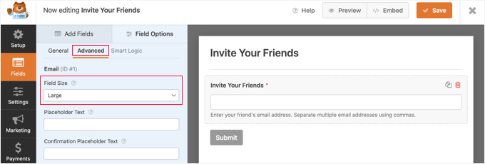 Hacer que el tamaño del campo sea grande